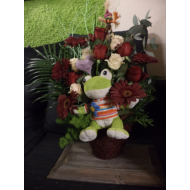 One Side Flower Arrangement with Roses and a Phlush Toy in a Basket