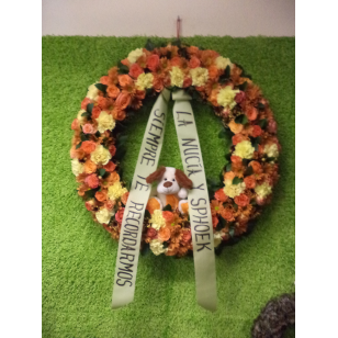 Remembrance Wreath with Carnations and a Plush Toy > Mourning Ribbon Including